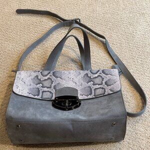 Vittoria Napoli Satchel Bag Purse Grey Nubuck Leather Python Snake Embossed Flap